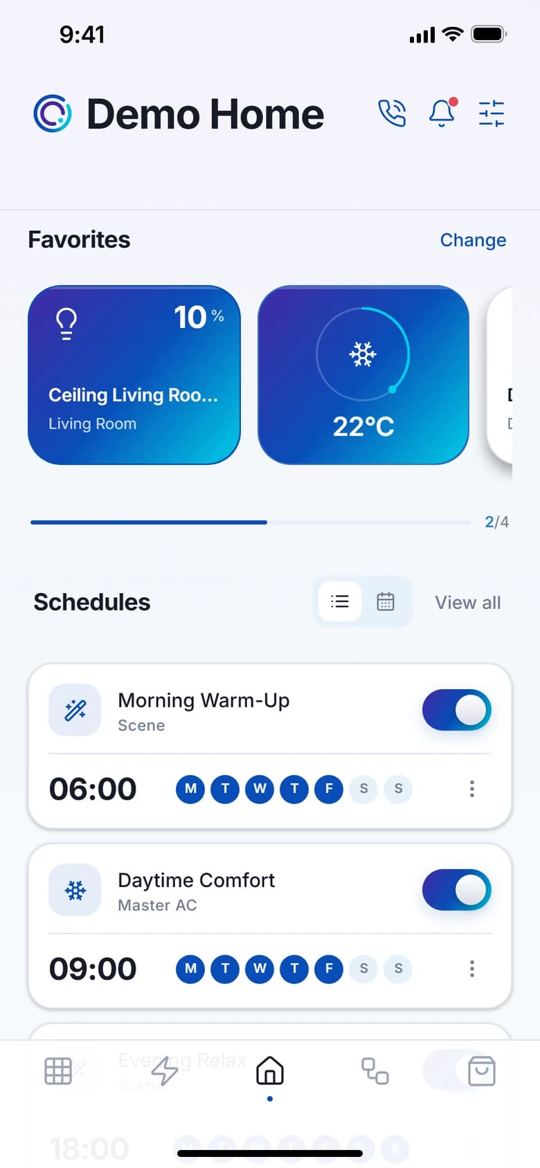 VeaHome favourites and schedules, light mode