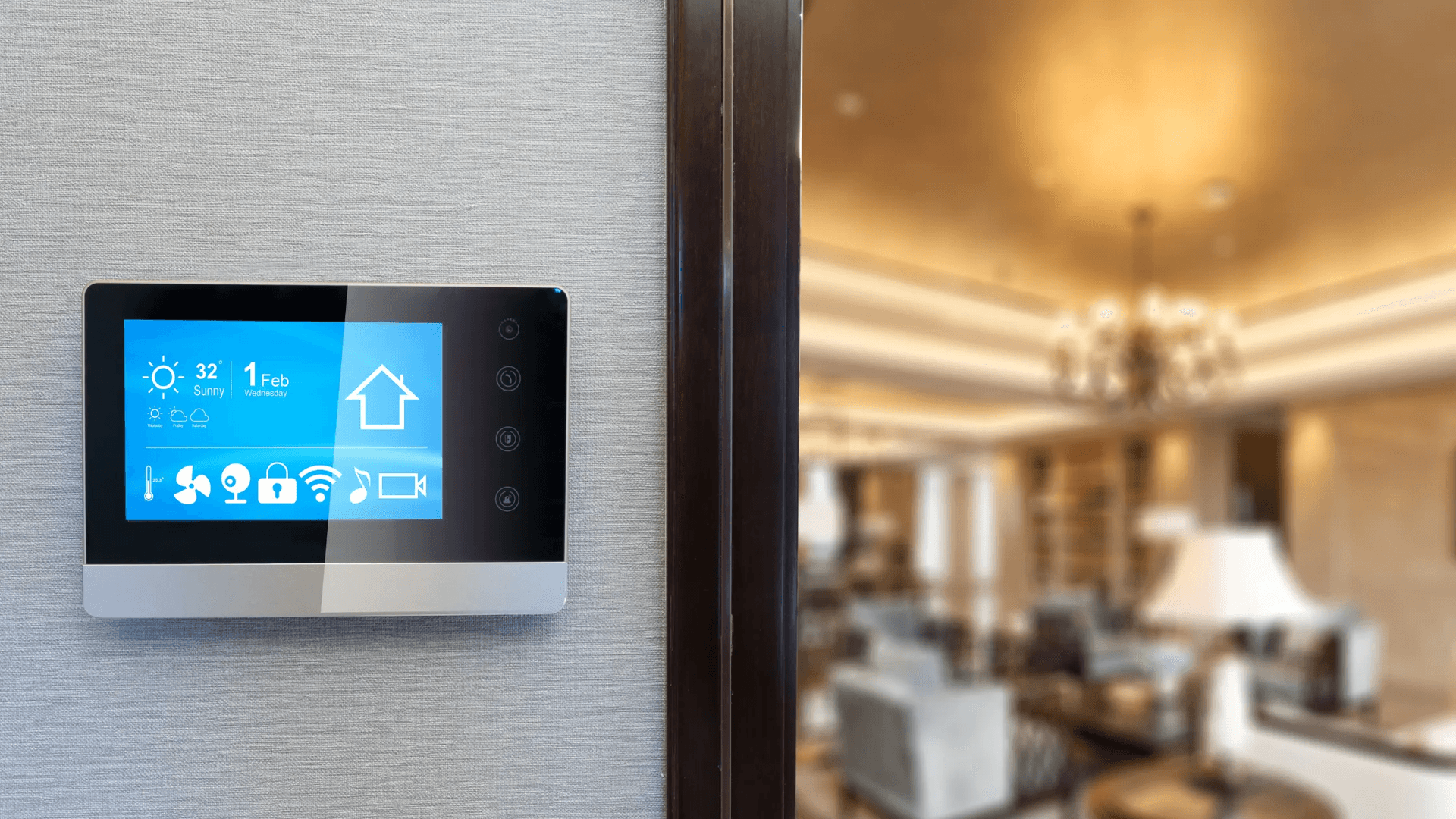 Smart home control panel mounted near a living room