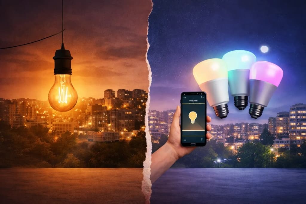 Split image showing traditional incandescent bulb vs smart LED bulbs with smartphone control