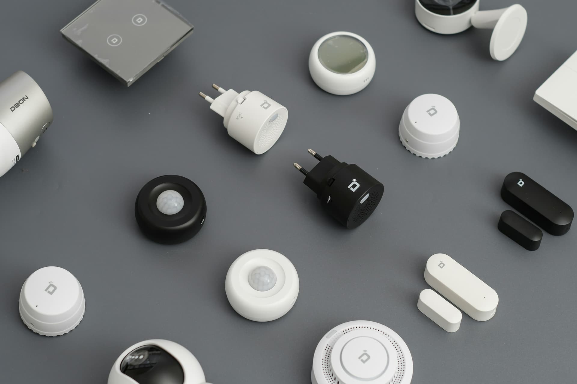 Smart home devices laid out on a table