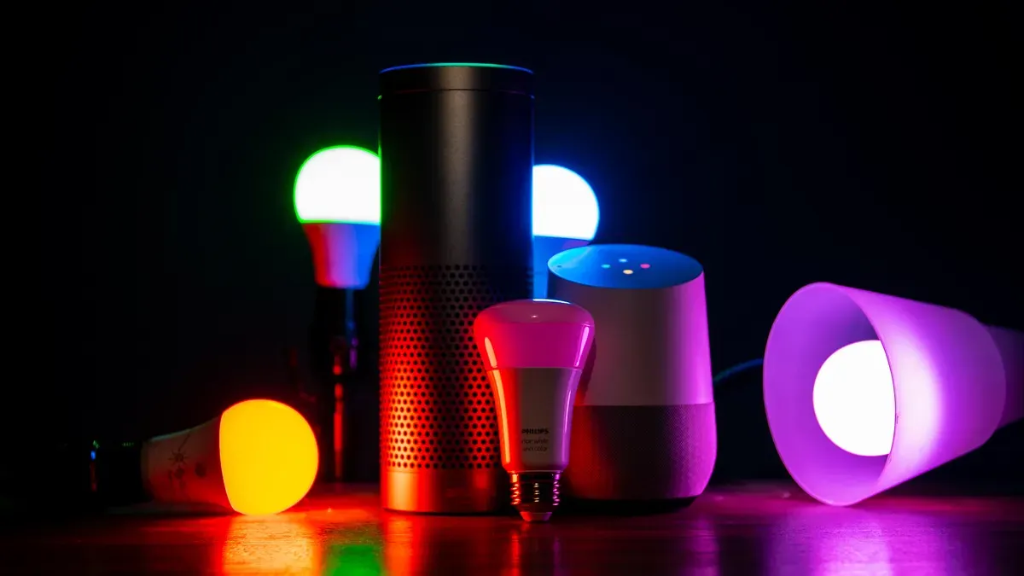 Collection of colorful smart bulbs and voice assistants showcasing smart lighting options