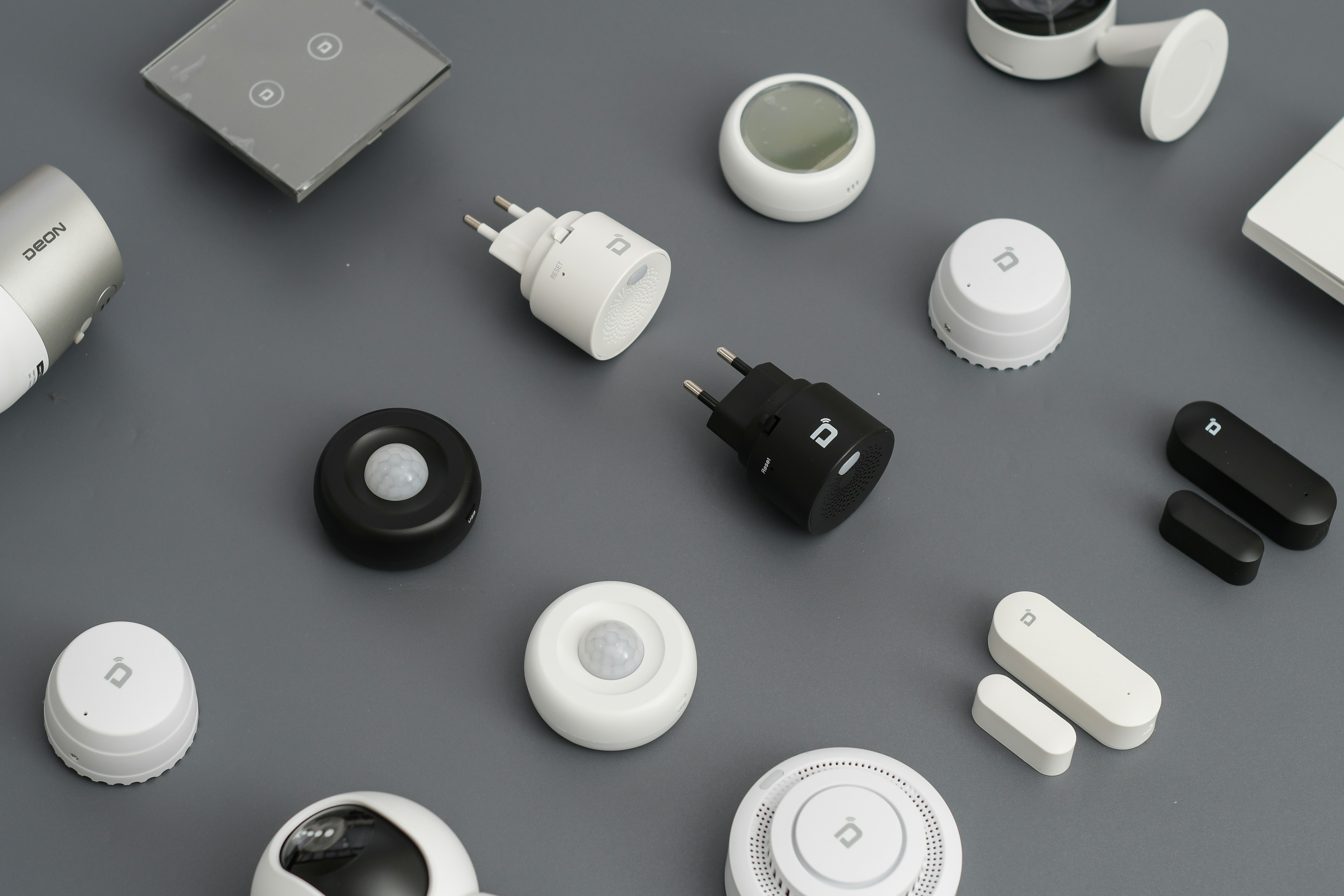 Smart home devices laid out on a table