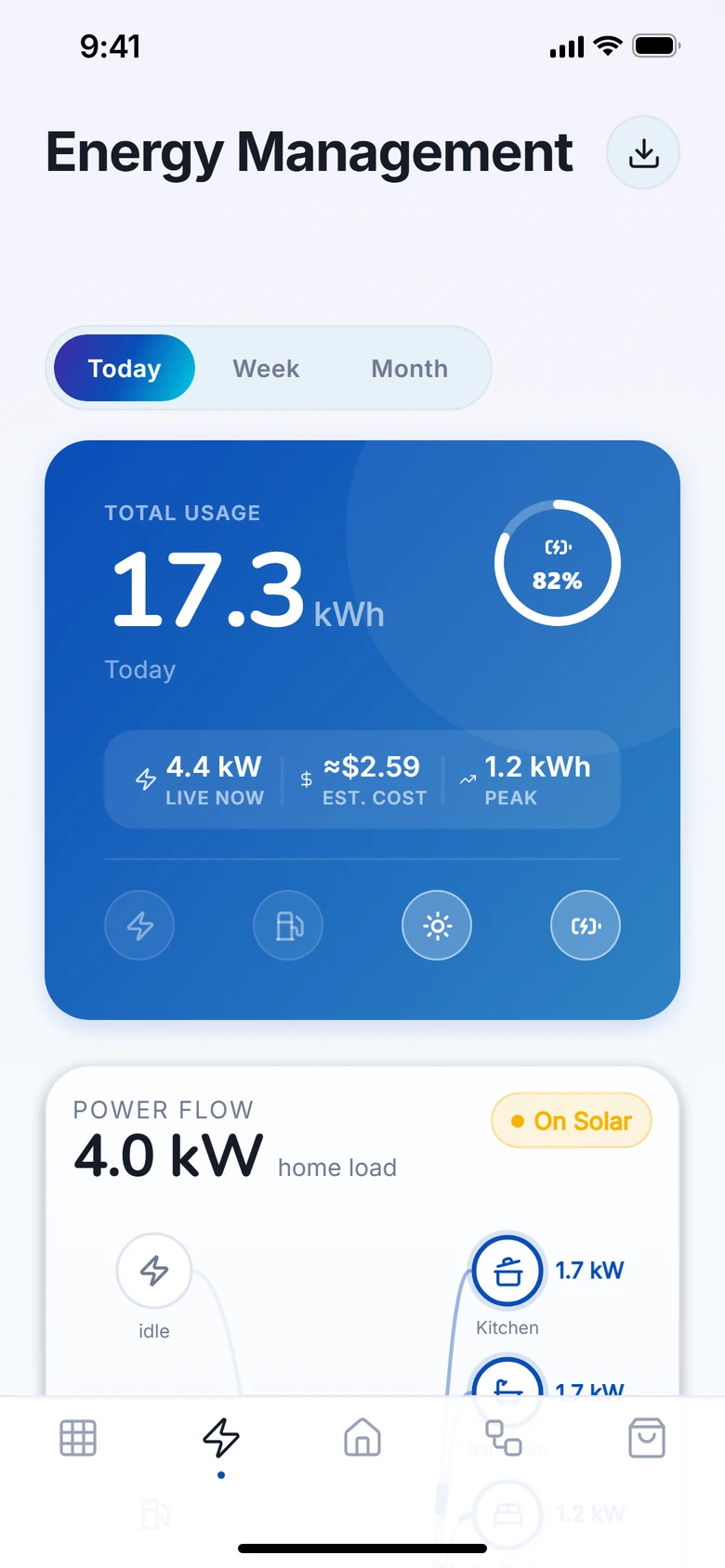 Energy readings in VeaHome. Actual app capture in demo mode.