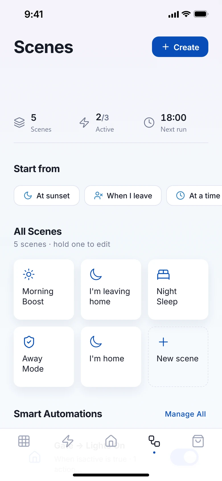 VeaHome app in light mode: scenes and automations. Captured from the current build in demo mode.