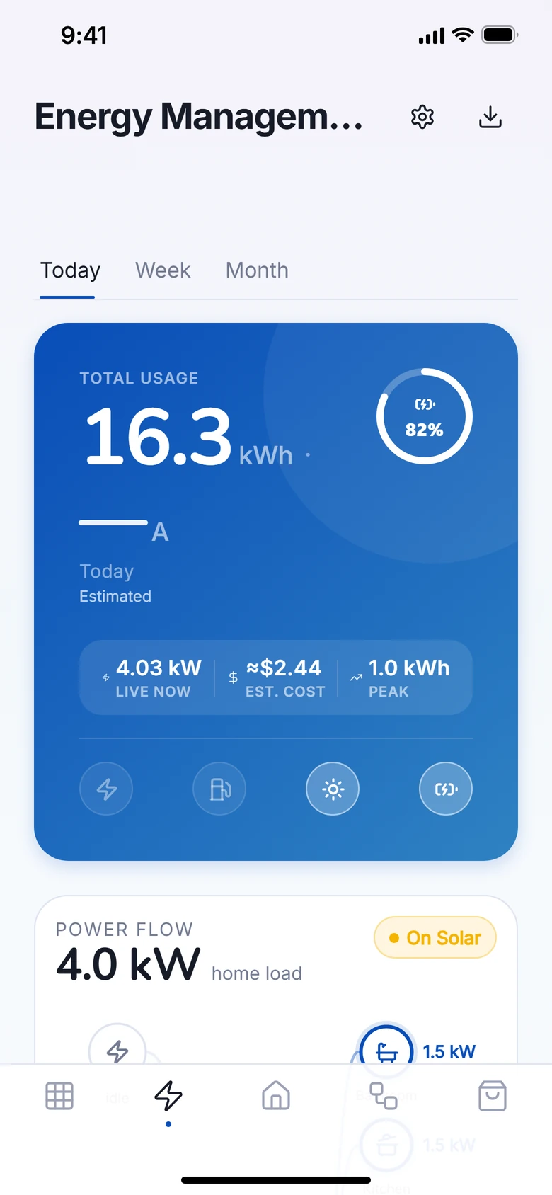 Energy readings in VeaHome. Actual app capture in demo mode.