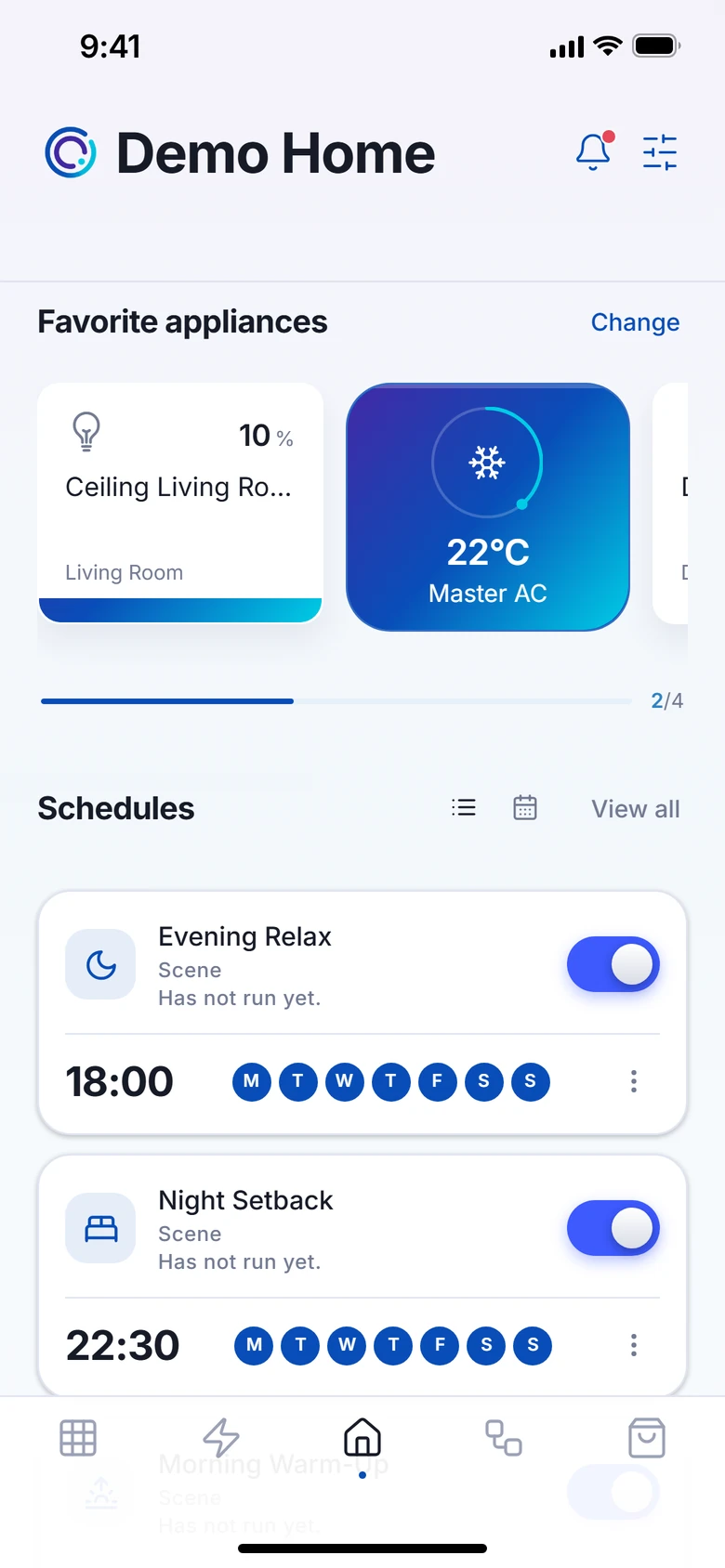 VeaHome app in light mode: your favourite controls. Captured from the current build in demo mode.