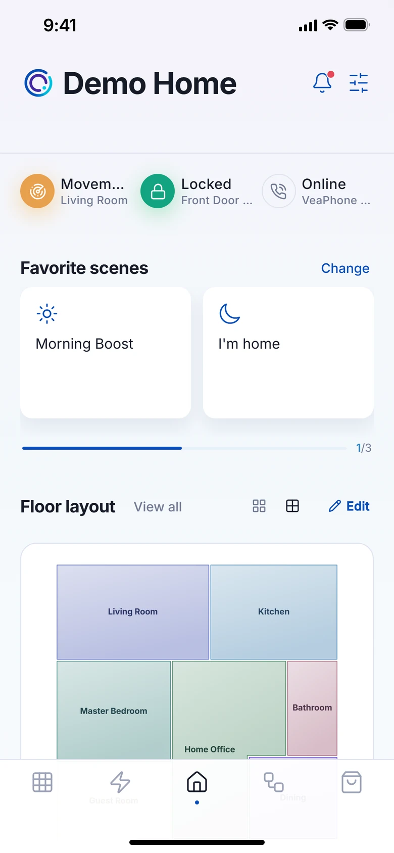 VeaHome app in light mode: your home, set up for you. Captured from the current build in demo mode.