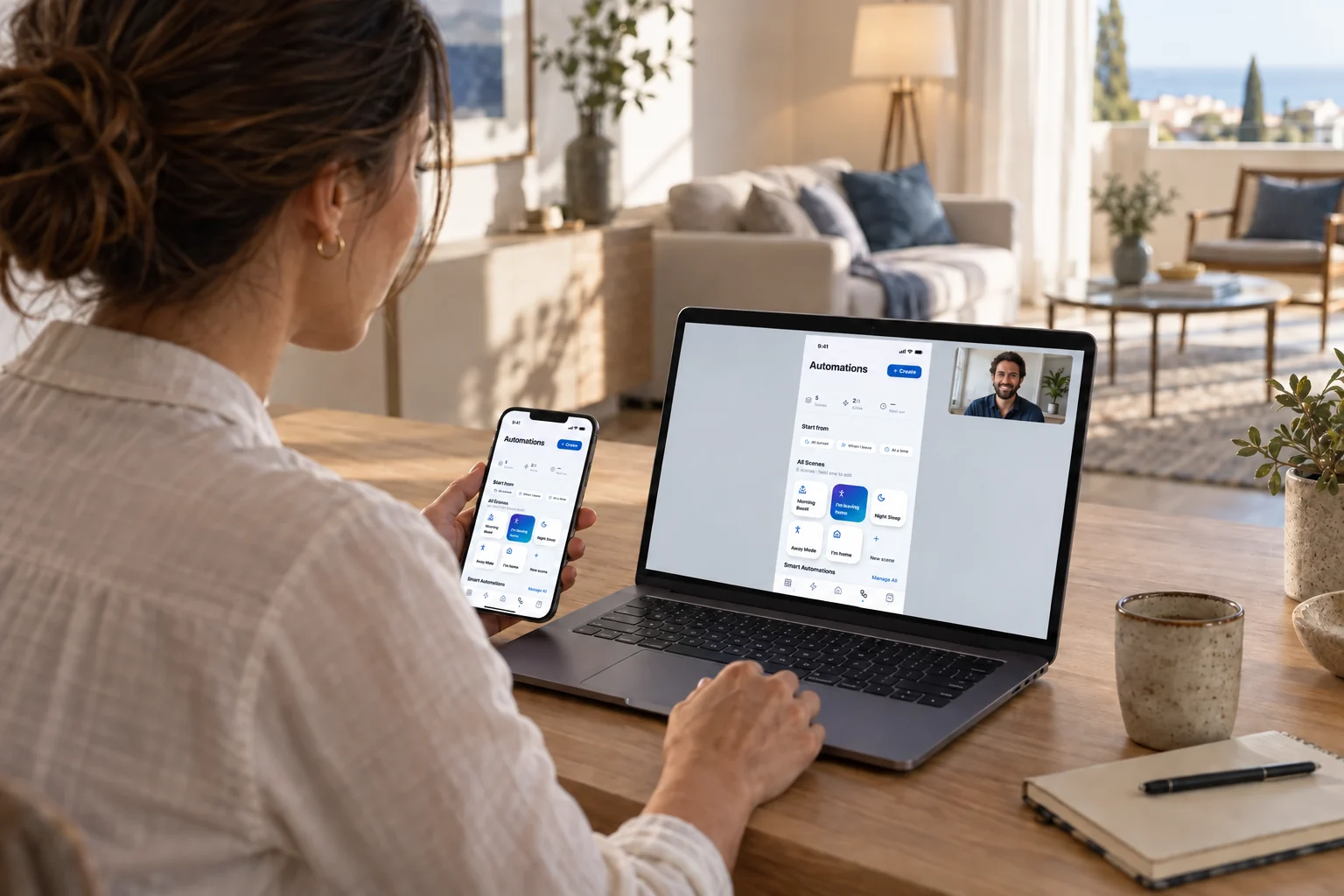 Illustration of a homeowner getting remote help with their smart-home routines.
