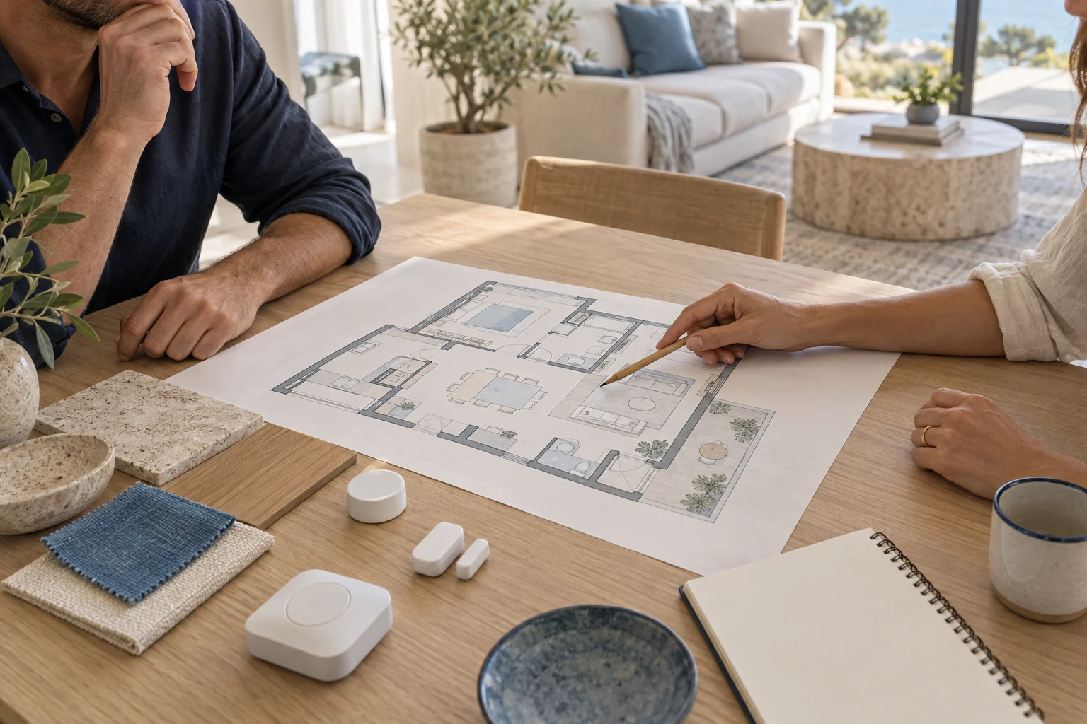 Illustration of a home consultation with an apartment plan and sample smart sensors.