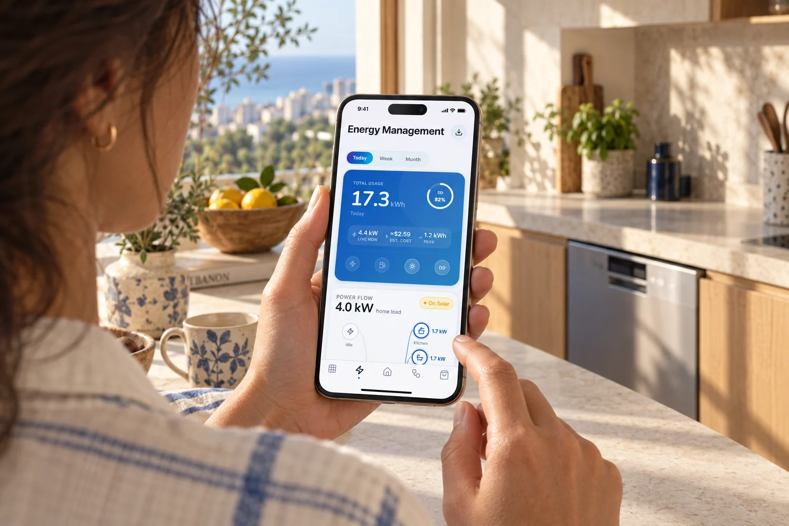 Illustrative homeowner checking the actual VeaHome energy interface.