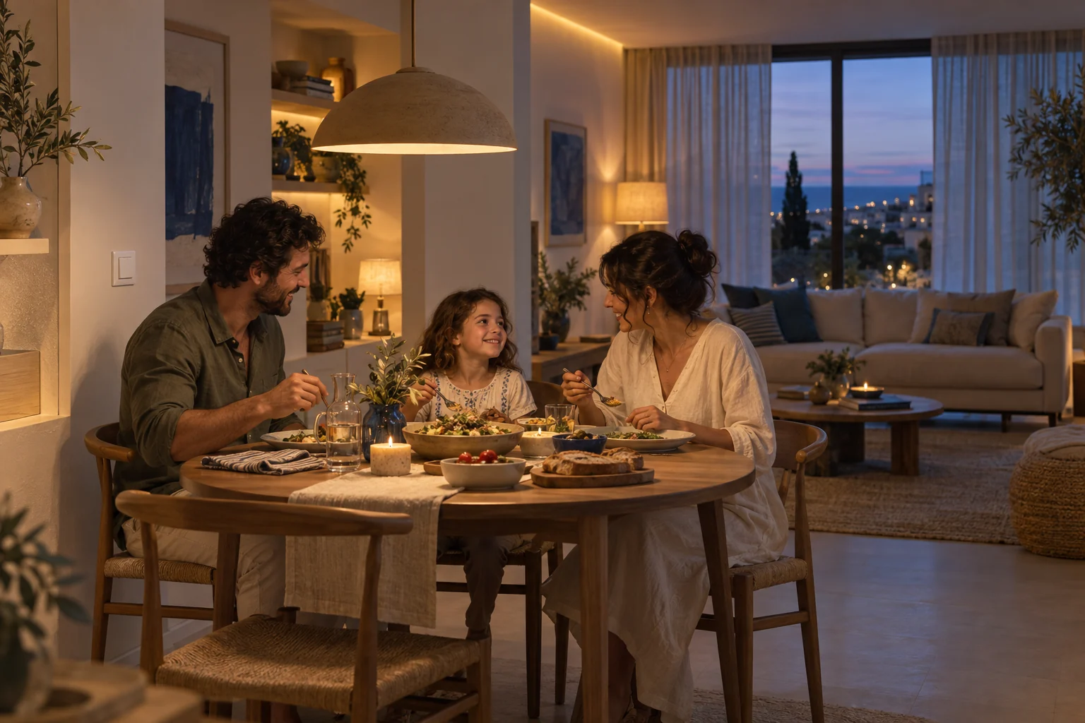 Illustrative family dinner with layered warm lighting at dusk.
